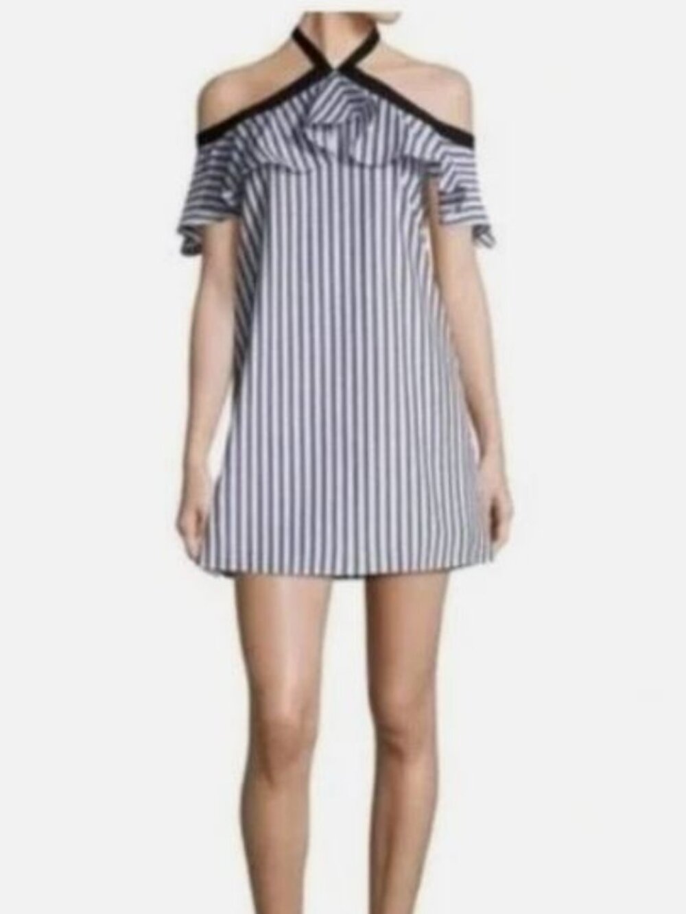 Alice + Olivia Alexis Black White Striped Halter Off Shoulder Mini Dress S EUC
